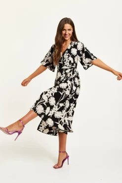 Women Liquorish Floral Print Midi Wrap Dress With Kimono Sleeves