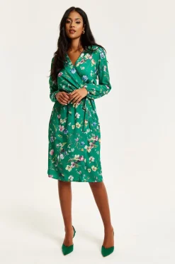 Women Liquorish Floral Print Midi Fake Wrap Dress
