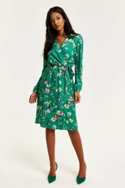 Women Liquorish Floral Print Midi Fake Wrap Dress