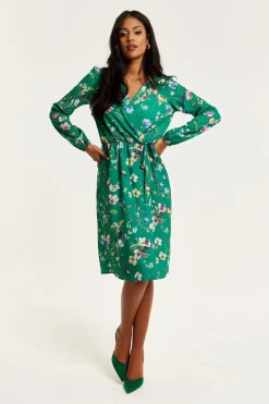 Women Liquorish Floral Print Midi Fake Wrap Dress