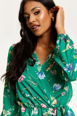 Women Liquorish Floral Print Midi Fake Wrap Dress