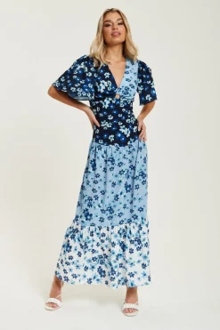Women Liquorish Floral Print Midi Dress In Blue Navy And White