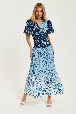 Women Liquorish Floral Print Midi Dress In Blue Navy And White