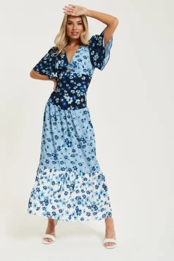 Women Liquorish Floral Print Midi Dress In Blue Navy And White