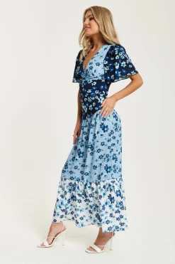 Women Liquorish Floral Print Midi Dress In Blue Navy And White