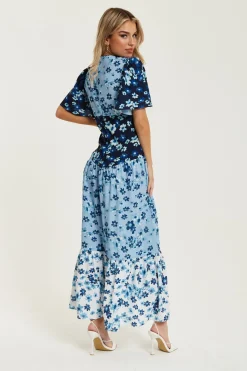 Women Liquorish Floral Print Midi Dress In Blue Navy And White