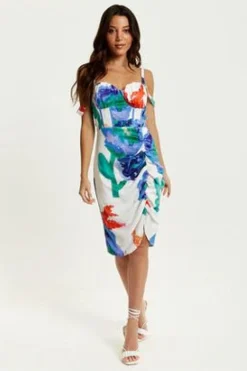 Women Liquorish Floral Print Ruched White Based Mini Dress