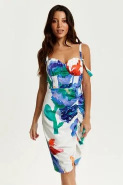 Women Liquorish Floral Print Ruched White Based Mini Dress
