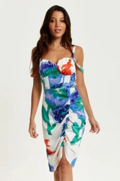 Women Liquorish Floral Print Ruched White Based Mini Dress