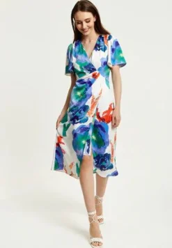 Women Liquorish Floral Print White Based Midi Wrap Dress