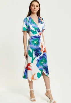 Women Liquorish Floral Print White Based Midi Wrap Dress
