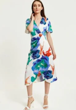 Women Liquorish Floral Print White Based Midi Wrap Dress