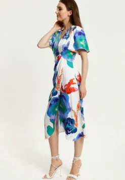 Women Liquorish Floral Print White Based Midi Wrap Dress