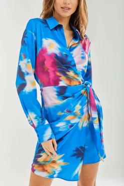 Women Liquorish Floral Satin Mini Wrap Dress