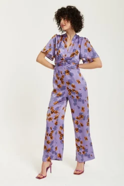 Women Liquorish Floral Wide Leg Jumpsuit With Angel Sleeves