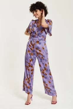 Women Liquorish Floral Wide Leg Jumpsuit With Angel Sleeves