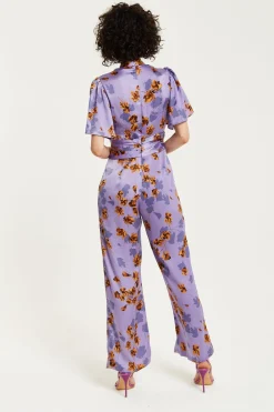 Women Liquorish Floral Wide Leg Jumpsuit With Angel Sleeves