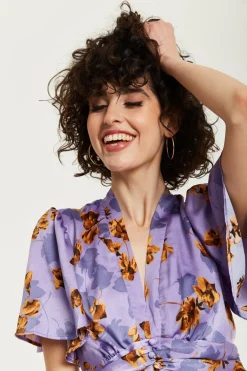 Women Liquorish Floral Wide Leg Jumpsuit With Angel Sleeves