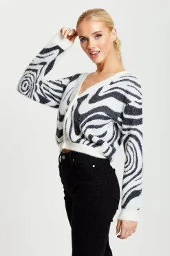 Women Liquorish Fluffy Black And White Cardigan
