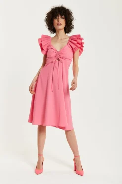 Women Liquorish Frill Sleeves Midi In With Ruching Front
