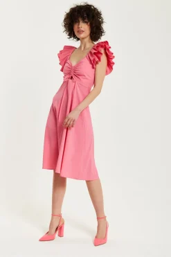 Women Liquorish Frill Sleeves Midi In With Ruching Front