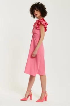Women Liquorish Frill Sleeves Midi In With Ruching Front