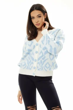 Women Liquorish Geometric Pattern Cardigan In Blue And White