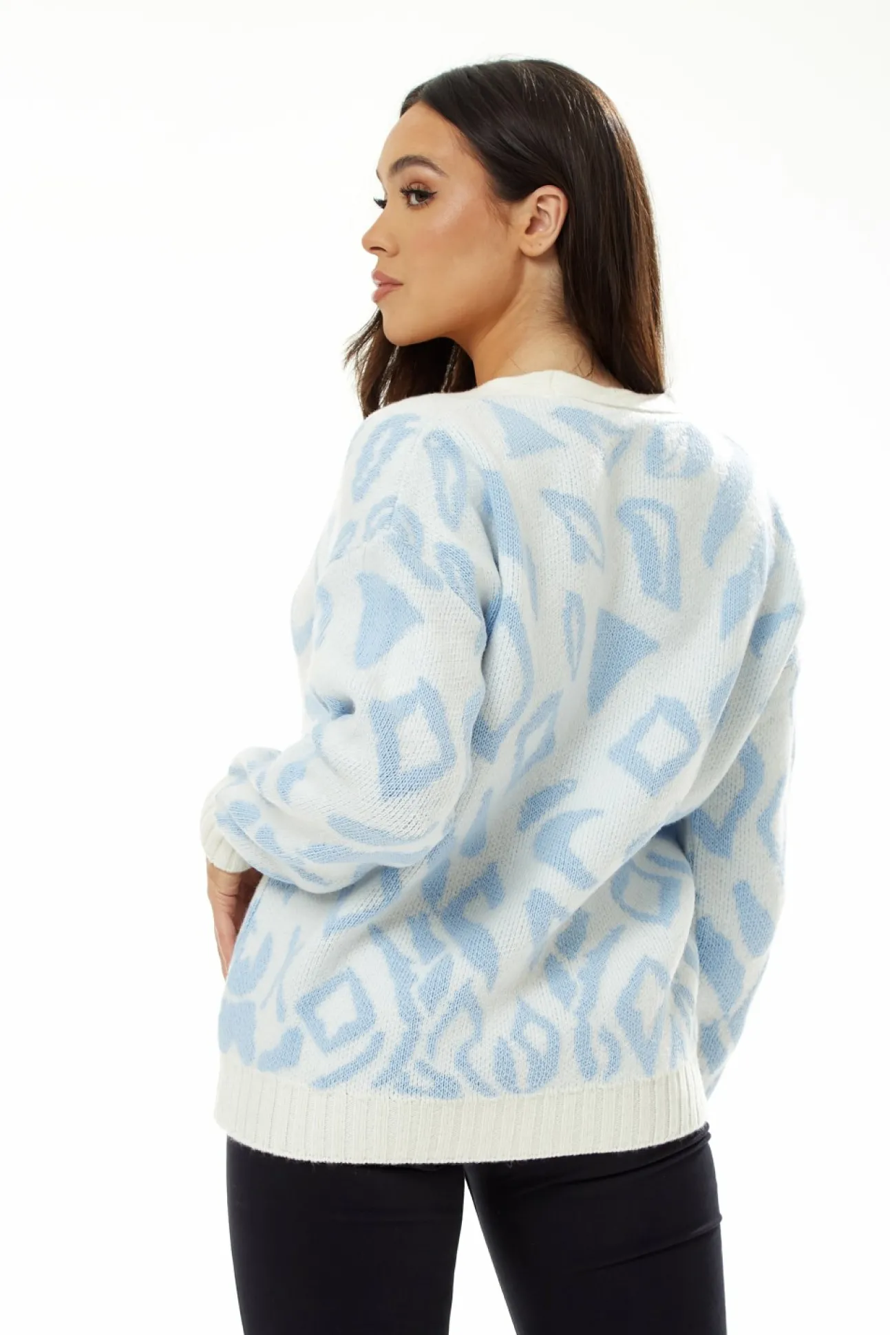 Women Liquorish Geometric Pattern Cardigan In Blue And White
