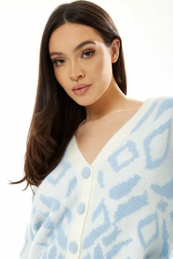 Women Liquorish Geometric Pattern Cardigan In Blue And White
