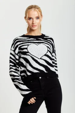Women Liquorish Heart Jumper In And White Zebra Pattern