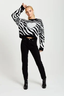 Women Liquorish Heart Jumper In And White Zebra Pattern