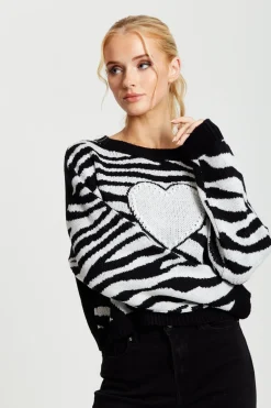 Women Liquorish Heart Jumper In And White Zebra Pattern