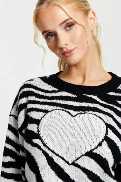 Women Liquorish Heart Jumper In And White Zebra Pattern