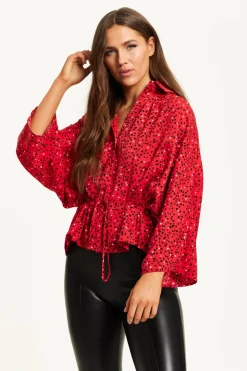 Women Liquorish Heart Print Shirt With Long Sleeves And Tie Waist