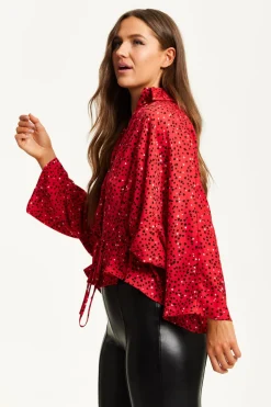 Women Liquorish Heart Print Shirt With Long Sleeves And Tie Waist