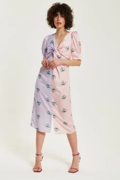 Women Liquorish Lilac And Floral Knot Front Midi Dress