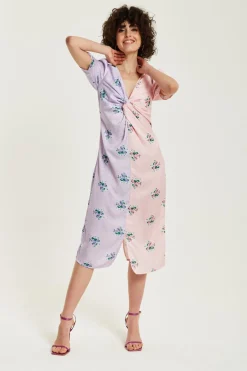 Women Liquorish Lilac And Floral Knot Front Midi Dress