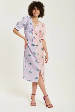 Women Liquorish Lilac And Floral Knot Front Midi Dress