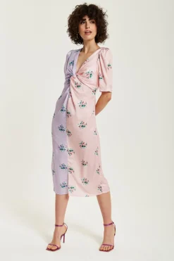 Women Liquorish Lilac And Floral Knot Front Midi Dress