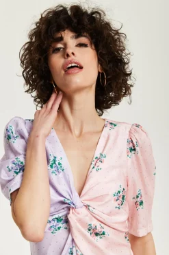 Women Liquorish Lilac And Floral Knot Front Midi Dress