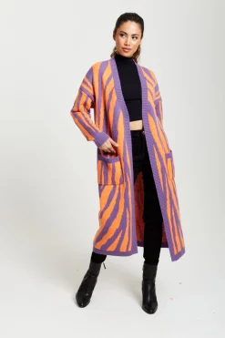 Women Liquorish Longline Cardigan In Orange And Purple