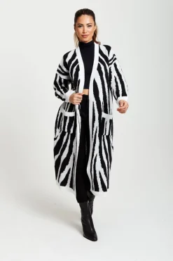 Women Liquorish Longline Cardigan In Black And White Zebra Pattern