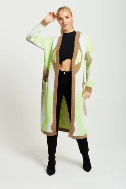 Women Liquorish Longline Cardigan In Brown, Green And White