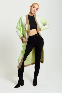 Women Liquorish Longline Cardigan In Brown, Green And White