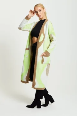 Women Liquorish Longline Cardigan In Brown, Green And White