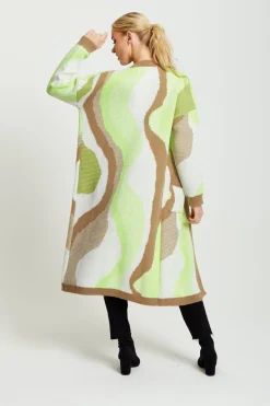 Women Liquorish Longline Cardigan In Brown, Green And White