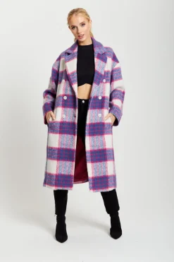 Women Liquorish Longline Coat In Pink And Navy Checks