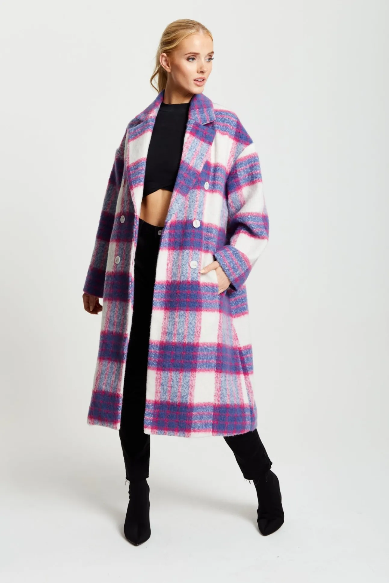 Women Liquorish Longline Coat In Pink And Navy Checks