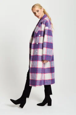 Women Liquorish Longline Coat In Pink And Navy Checks