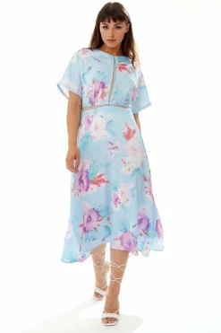 Women Liquorish Midi Floral Print Dress With Mesh Detail In